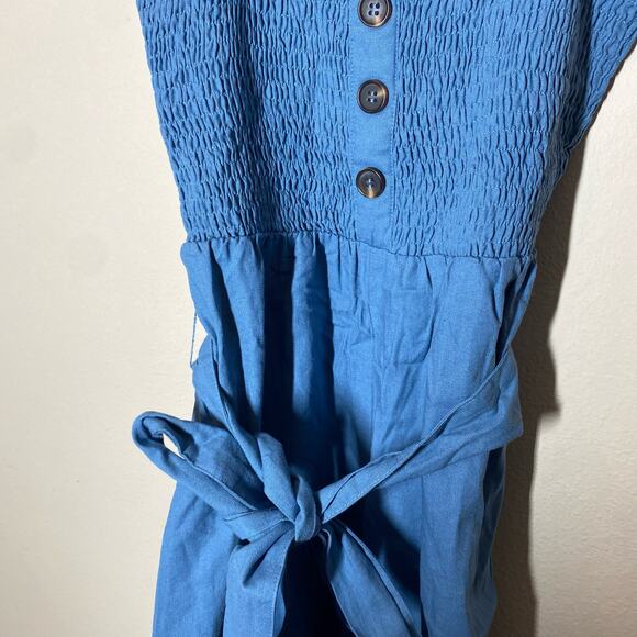 Lulu's Take A Wonder Denim Blue Smocked Linen Blend Wide-Leg Jumpsuit Size XS - Picture 5 of 10